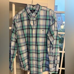 Vineyard Vines Men's Green and Blue Plaid Shirt